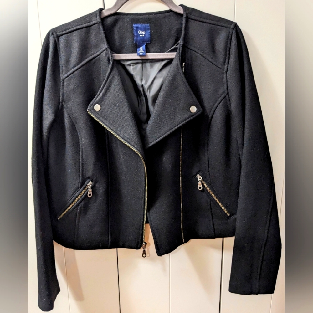 GAP Factory Moto Jacket, Black, Gold Fasteners, Size Medium.